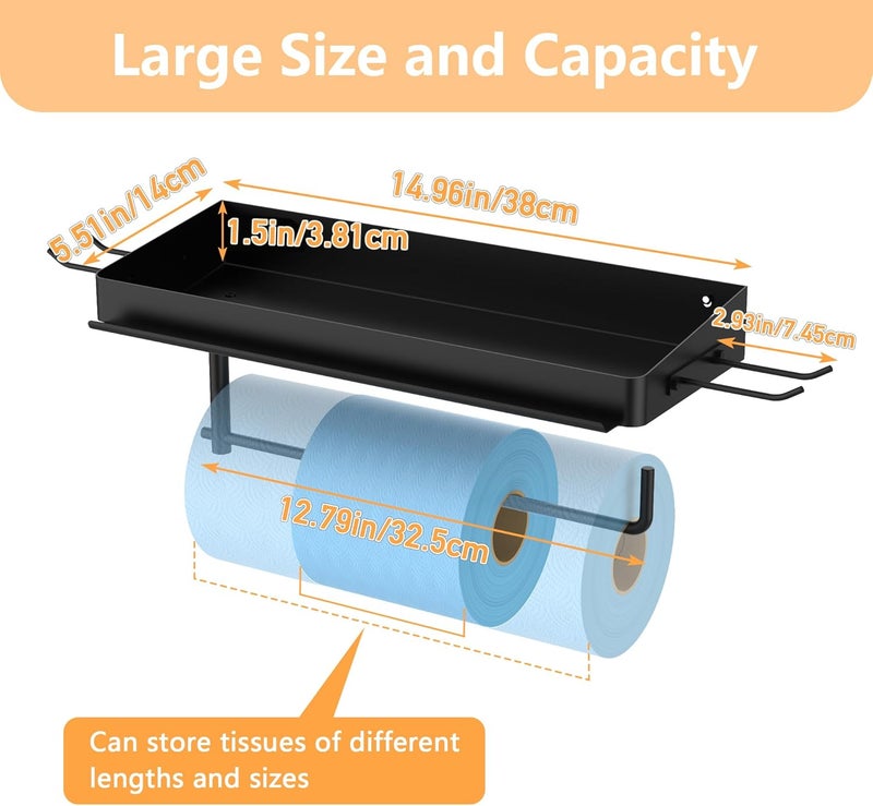 SUNTECH Garage Paper Towel Holder with Shelf, One Hand Tear, 12 inch Shop Paper Towel Holder, Paper Towel Holder Wall Mount with 2 Detachable Hooks for Garage and Tool Room (Black) - Image 4